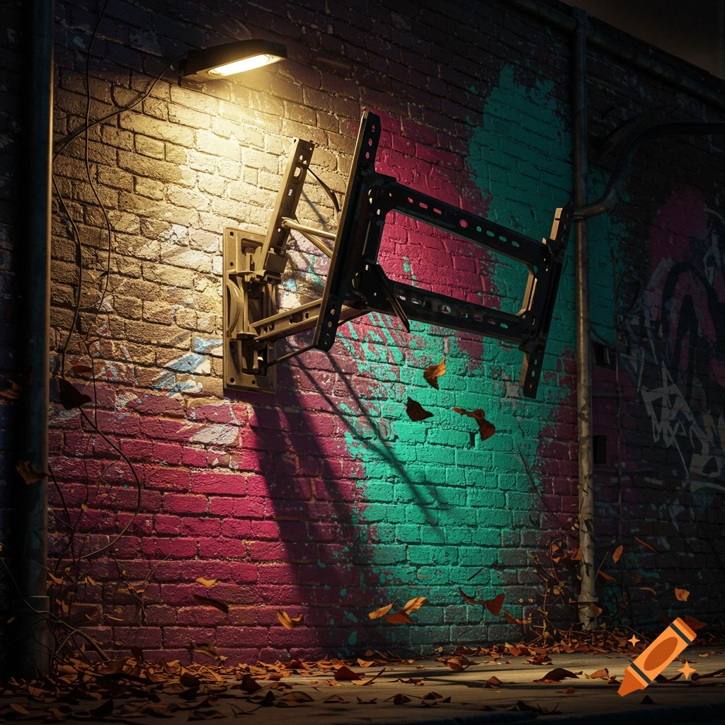 A broken TV wall mount is bolted to a graffiti-covered brick wall under a street light with fallen leaves on the ground, photorealistic.