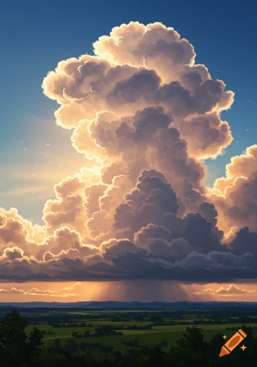 A dramatic, golden-lit cumulonimbus cloud towers over a vast green landscape with distant hills, depicted in a digital painting style.