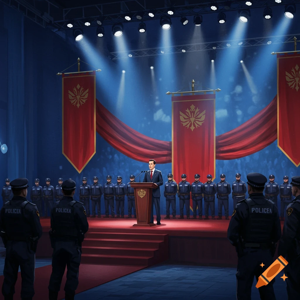 An illustrative scene of a leader giving a speech from a podium on a stage, flanked by police, under spotlights.