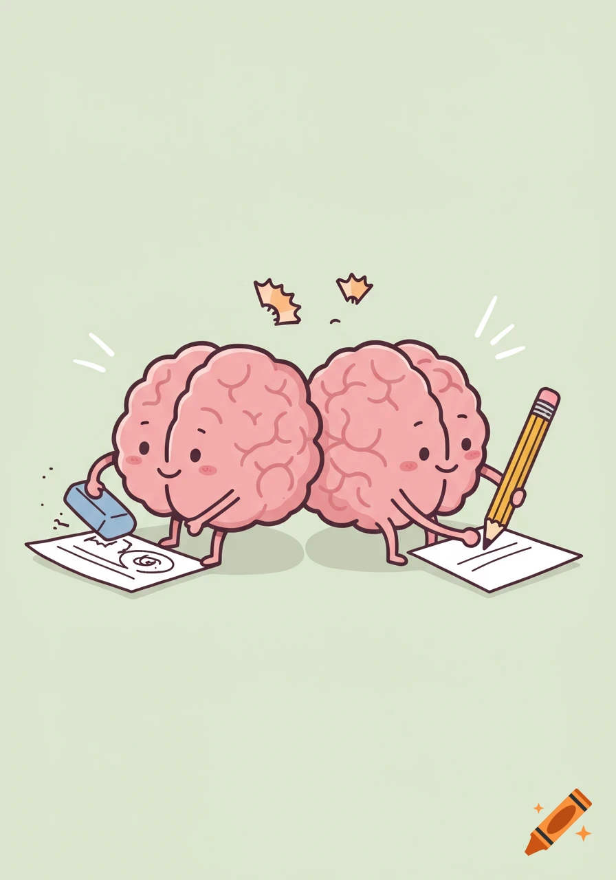 Two cute cartoon brains, one erasing a drawing and the other writing on a paper with a pencil, on a light green background.