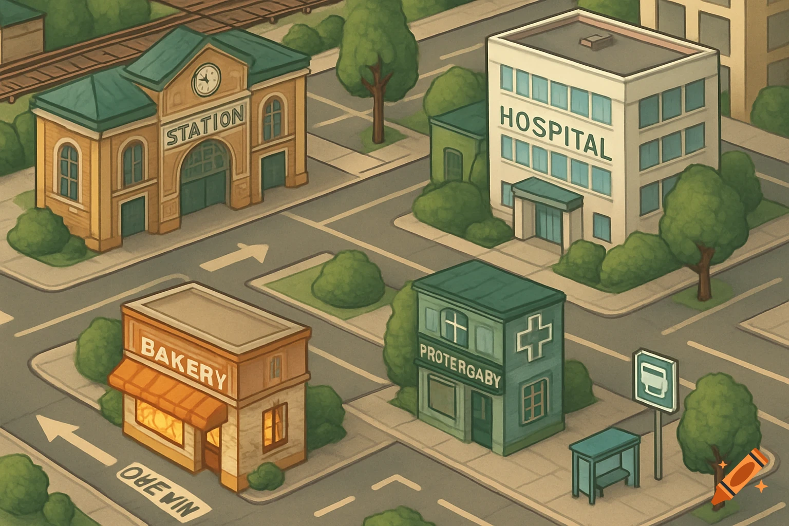 Isometric cartoon city map showing a train station, hospital, bakery, pharmacy, and bus stop with streets and trees.