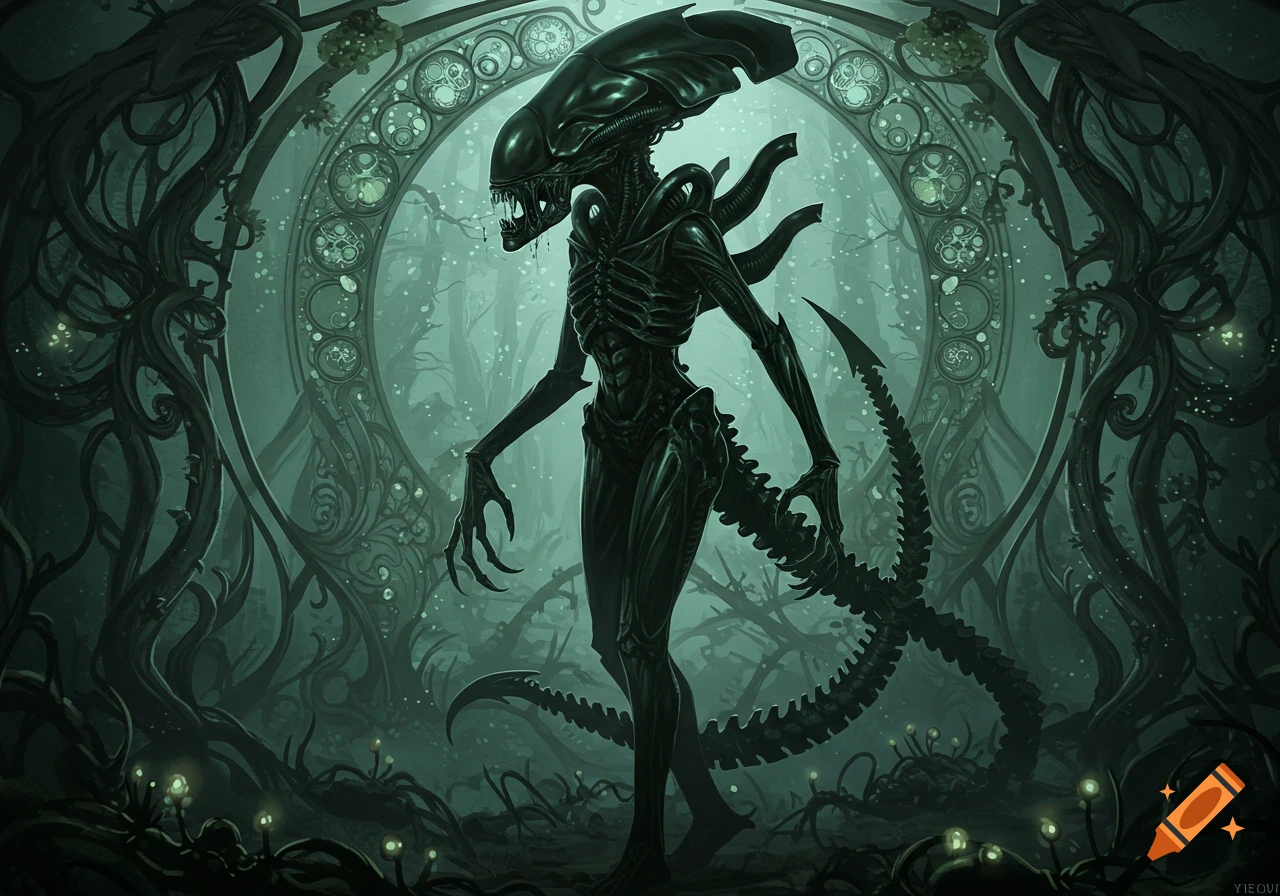 Art Nouveau style Xenomorph Queen stands in a dark, alien environment with glowing plants and ornate organic arches.