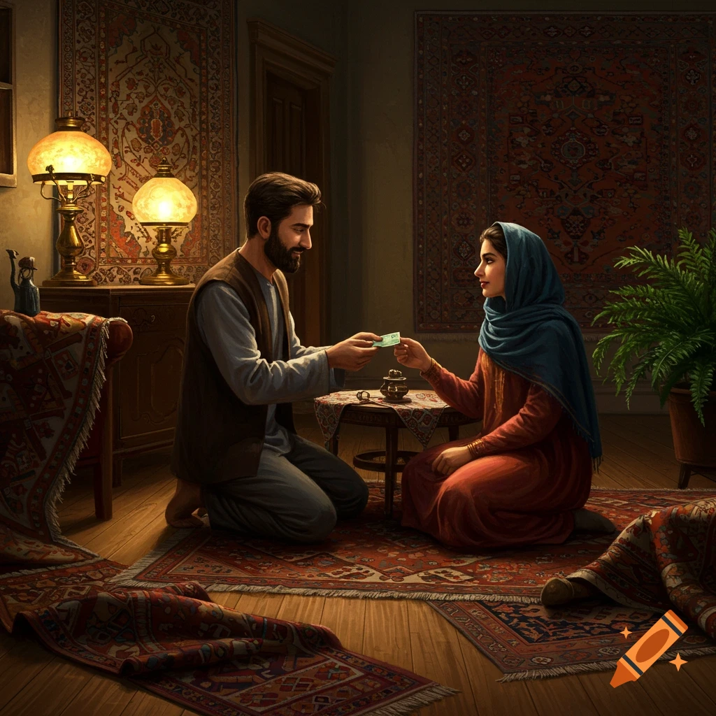 A man kneels and hands a green banknote to a woman in a headscarf, both sitting on patterned rugs in a warmly lit Iranian home.