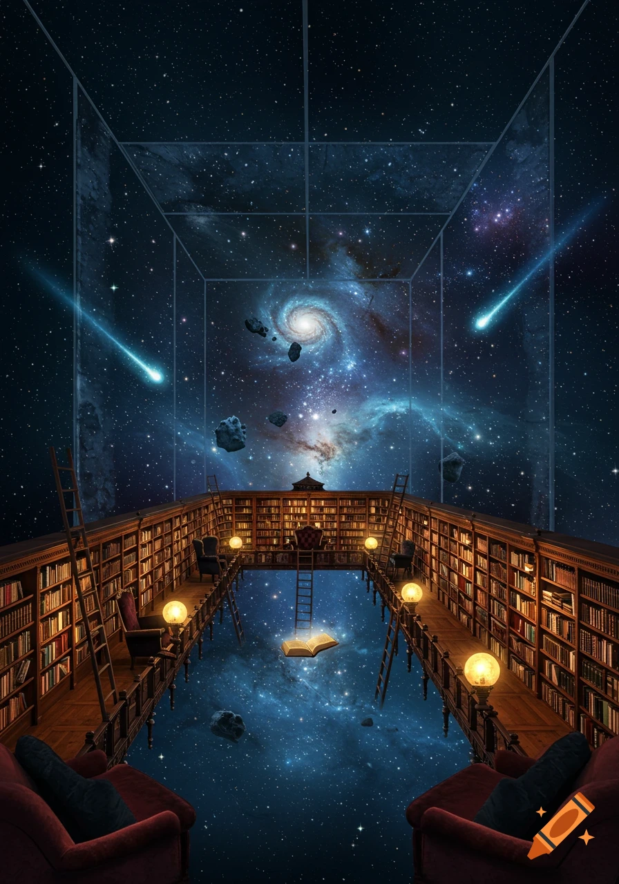 A fantastical library in deep space with bookshelves on platforms, an ...