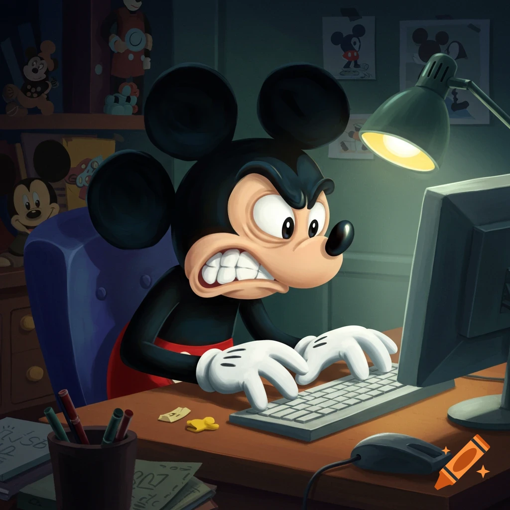 Angry Mickey Mouse intensely types on a computer keyboard at a desk, illuminated by a desk lamp, in a stylized cartoon.