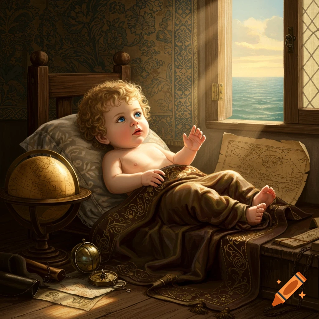 A baby with curly hair and blue eyes lies under a blanket, looking up in a room with a globe and maps, bathed in sunlight from a window overlooking the sea.