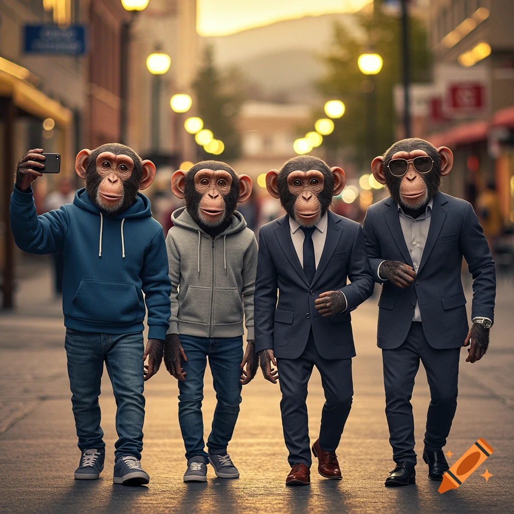 Four chimpanzees in human clothes walk down a city street. One takes a selfie, two wear suits, and one wears a hoodie and jeans.