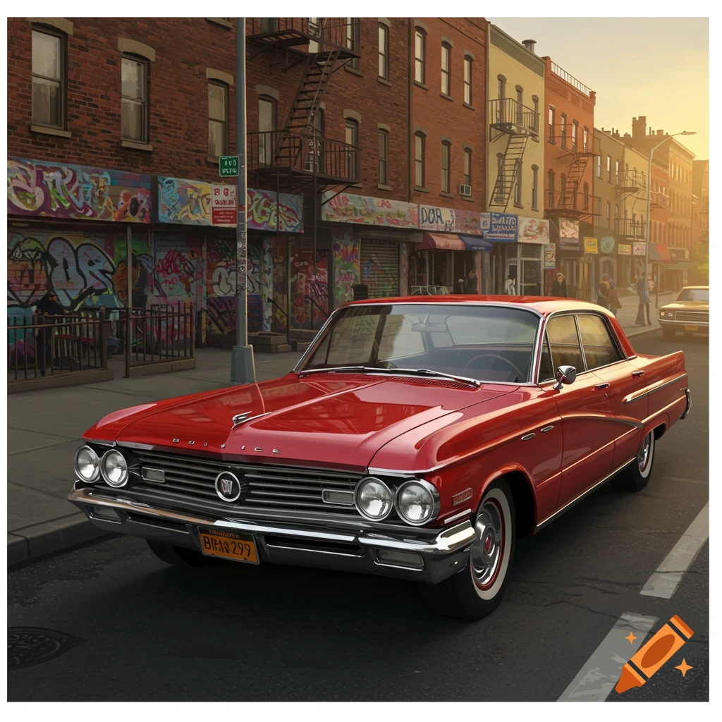A gleaming red 1960s Buick car is parked on a gritty Bronx street with brick buildings and colorful graffiti at sunset.