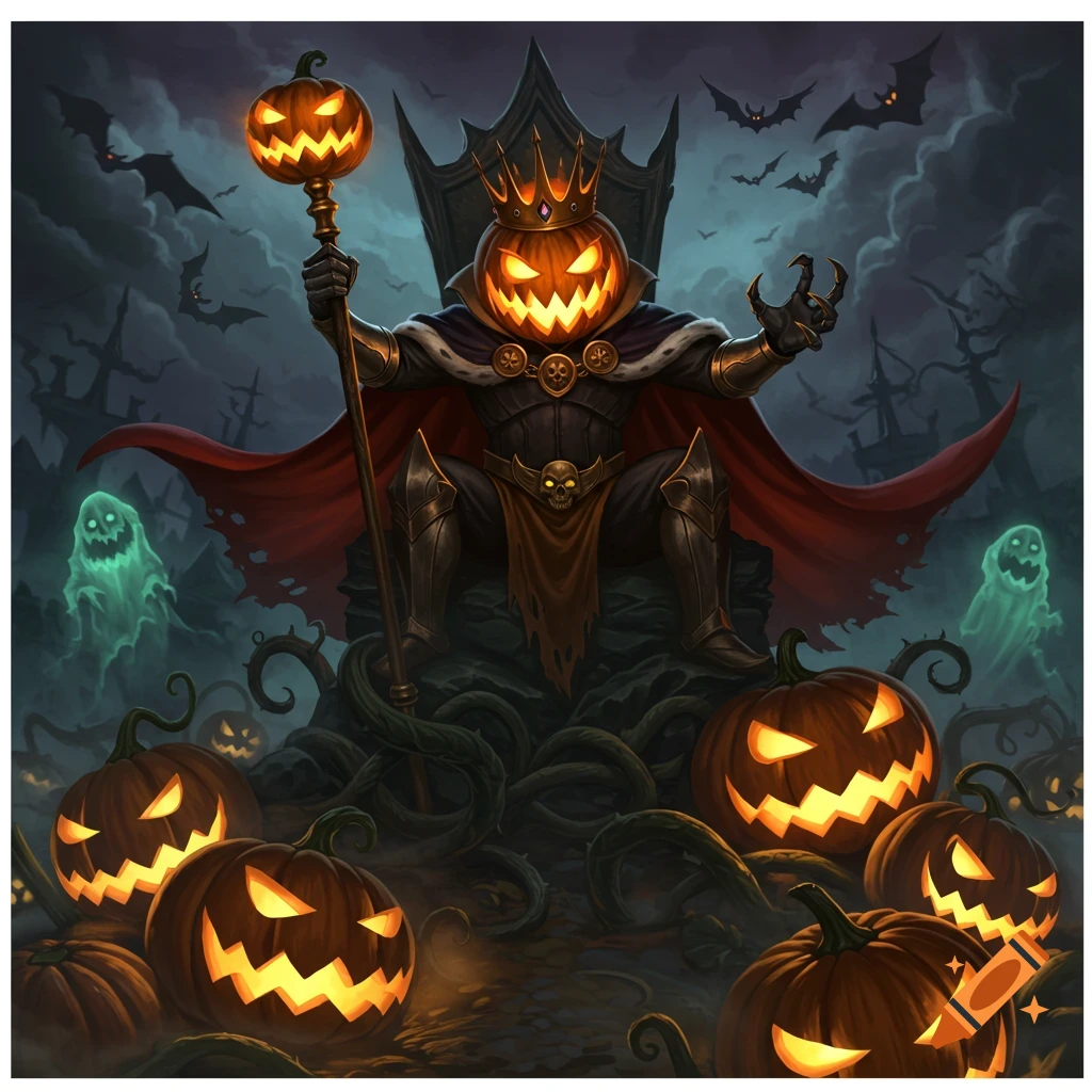 An evil Pumpkin King with a glowing head sits on a thorny throne, surrounded by jack-o'-lanterns, ghosts, and bats in a spooky night scene.