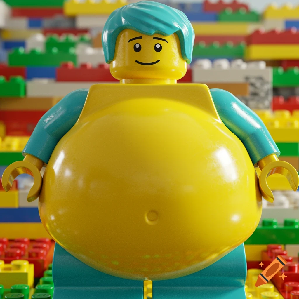 A large, yellow-bodied Lego minifigure with teal hair and arms stands in front of a colorful Lego wall.