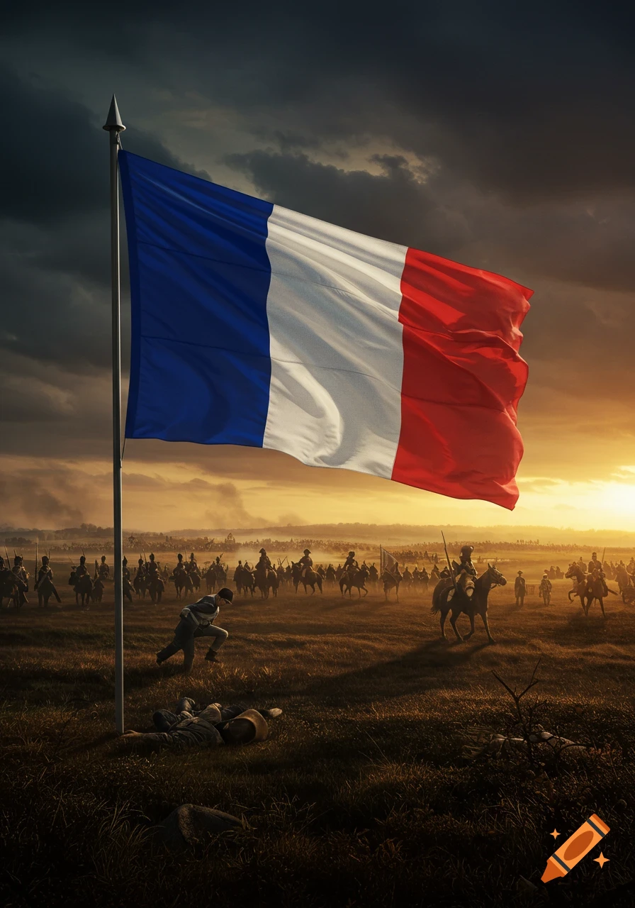 A large French flag waves over a historical battlefield at sunset, with Napoleonic soldiers on foot and horseback, and a fallen soldier.