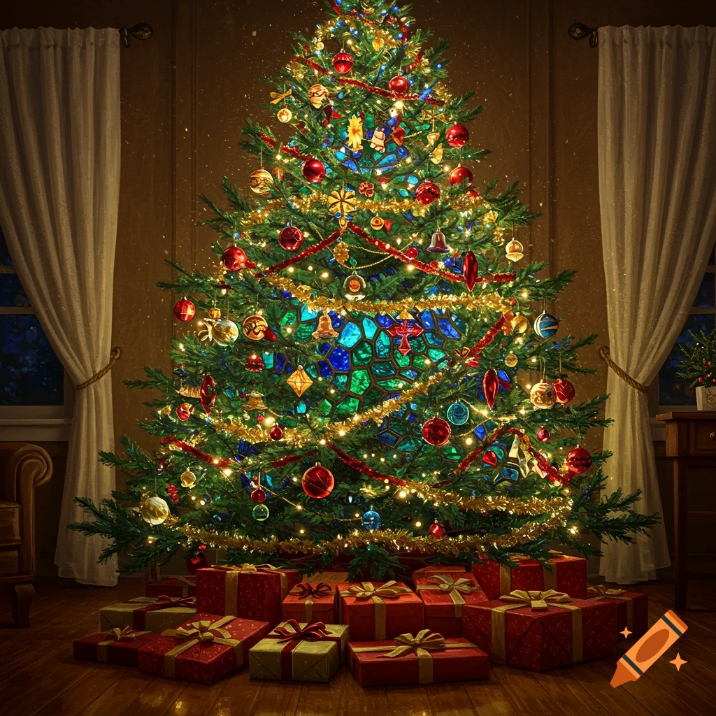A vibrant, intricately decorated Christmas tree with stained glass elements and lights, surrounded by gift-wrapped presents.