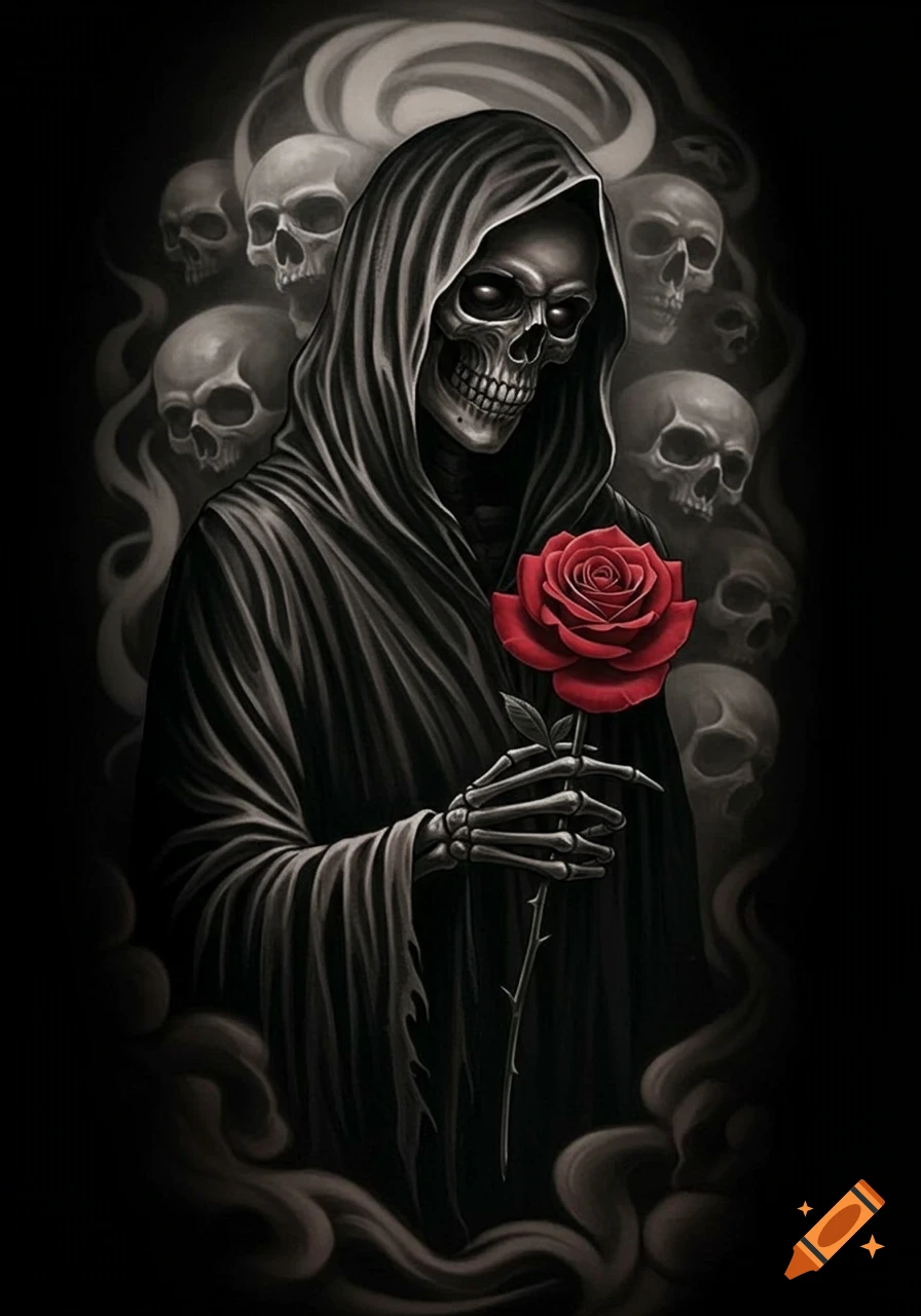 Stylized Grim Reaper in a dark hooded cloak, holding a single red rose, with multiple skulls fading into a smoky dark background.
