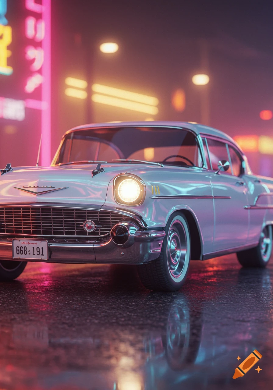 A white retro futuristic Chevy Bel Air car with bright headlights reflecting on wet asphalt, under glowing neon pink and yellow lights with a vaporwave aesthetic.