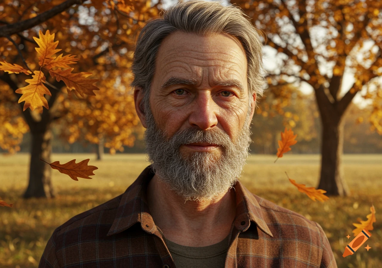 Photorealistic portrait of an older man with a grey beard in a plaid shirt, surrounded by golden autumn leaves and trees.