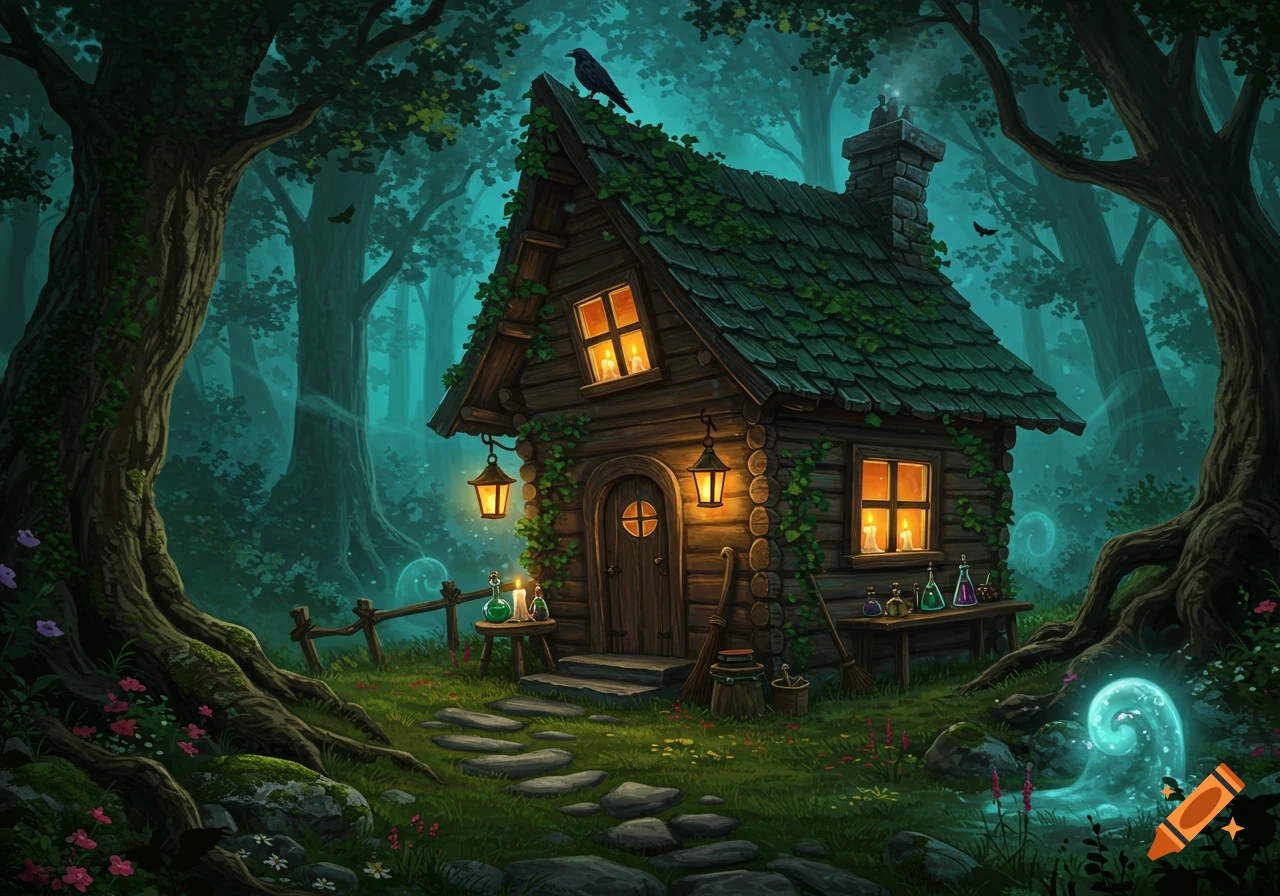 A cozy, moss-covered witch's hut with glowing windows and lanterns stands in a dark, mystical forest, surrounded by potions and magical swirls. Illustration style.