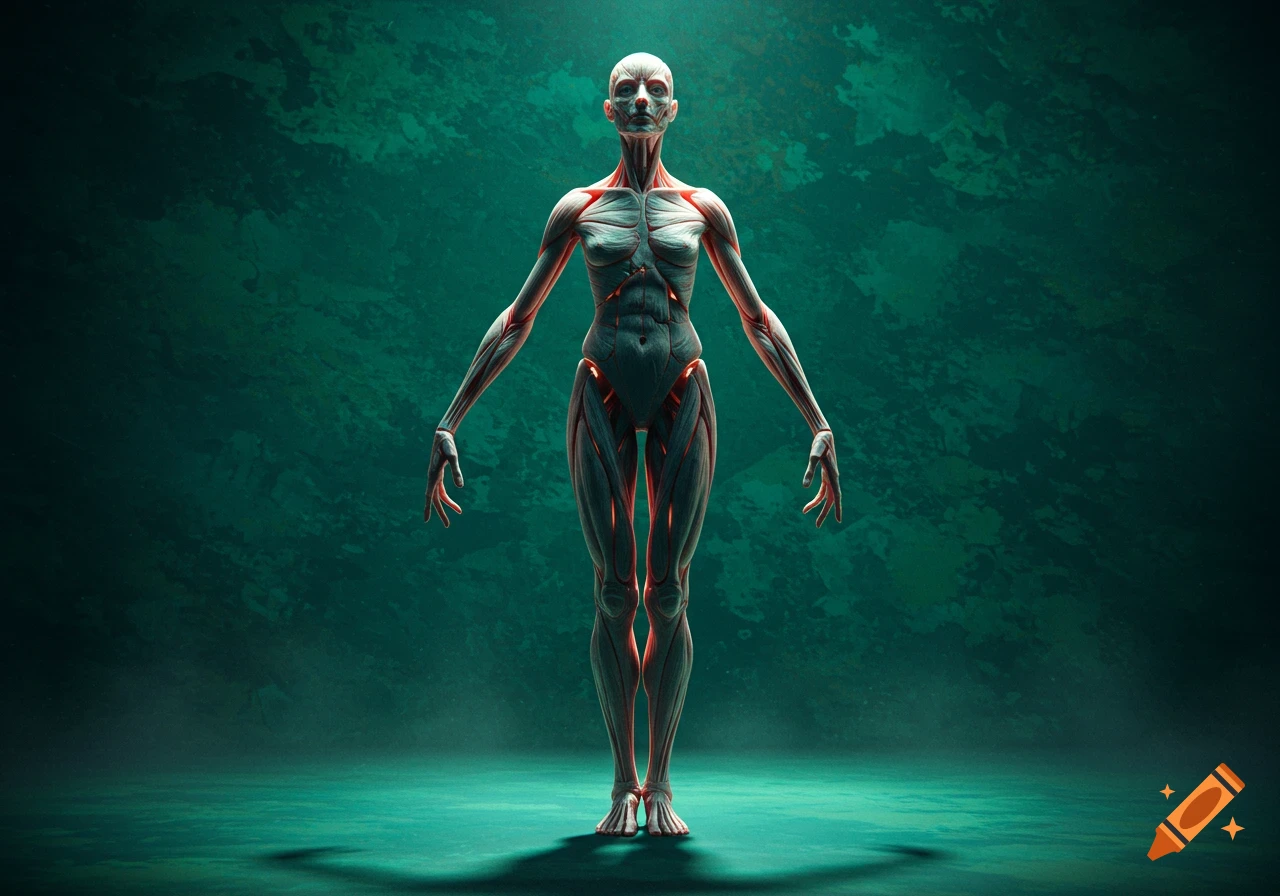 A full-body anatomical rendering of the human muscular system, standing against a dark green textured background with red glowing accents.