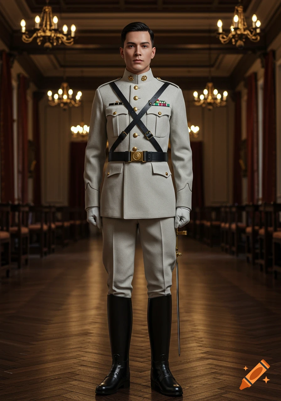 A man in a light grey military uniform with black cross straps, a belt, and knee-high boots, standing in a grand hall.