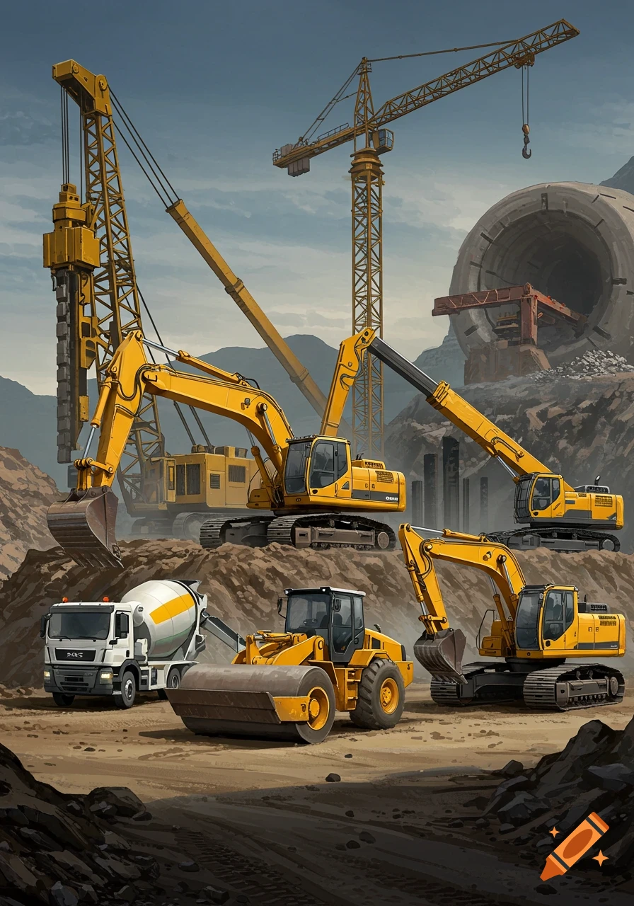 Several yellow construction vehicles, including excavators, a road roller, and a cement mixer, are on a dirt worksite near a large tunnel entrance, with cranes in the background.
