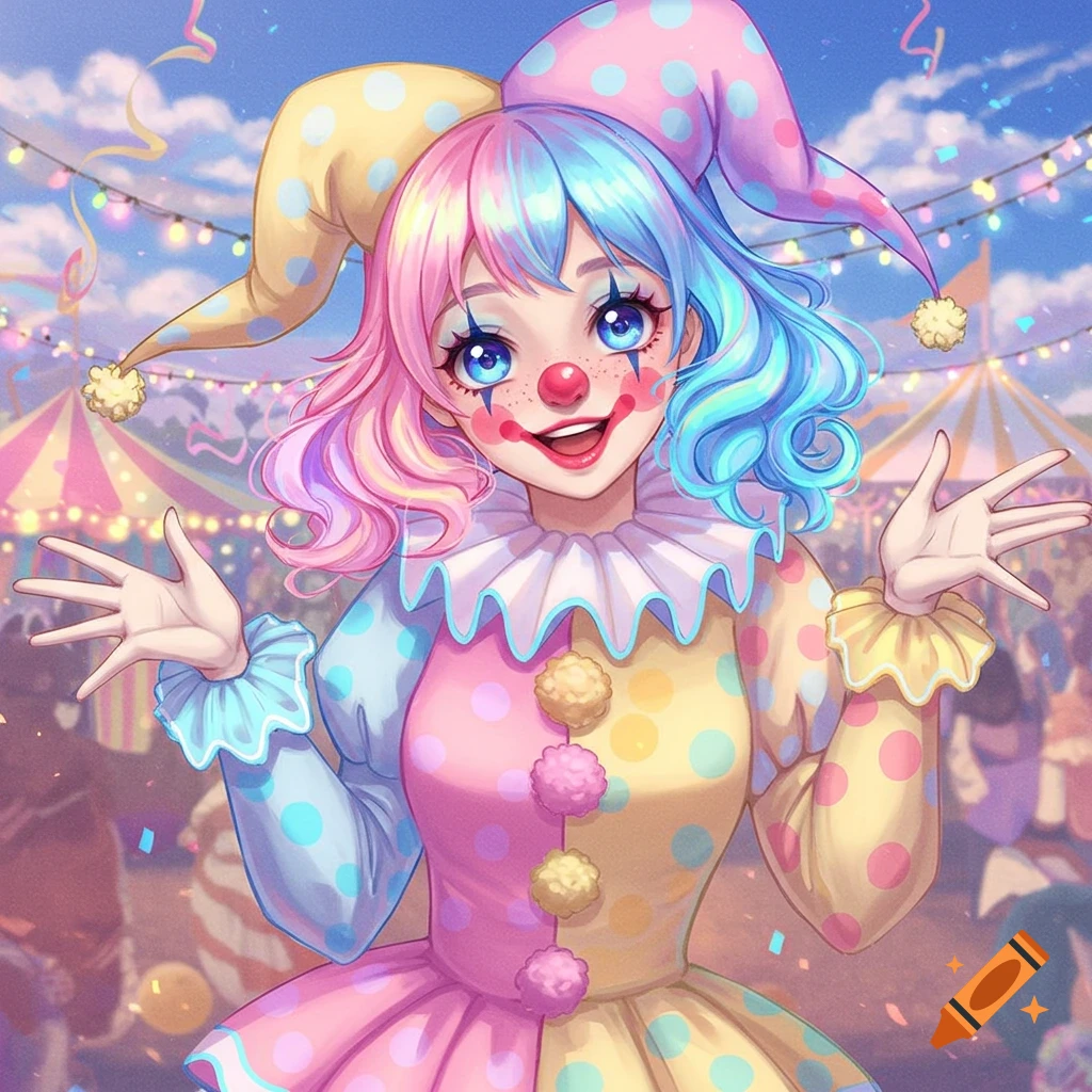 Anime clown girl with pink and blue hair, colorful polka-dot costume, smiling at a vibrant carnival.