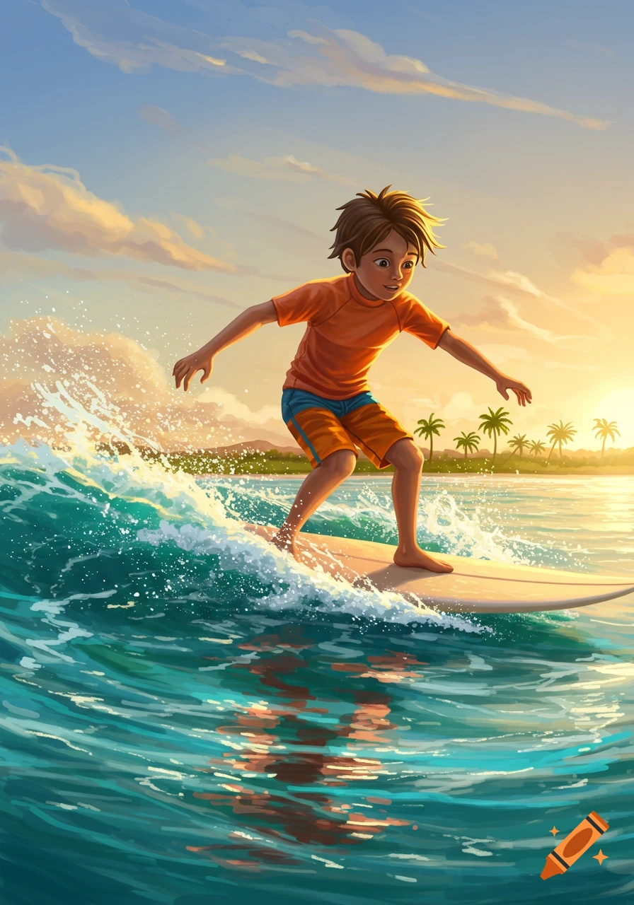 Illustrated boy surfing a wave in the ocean at sunset with palm trees on a distant beach.