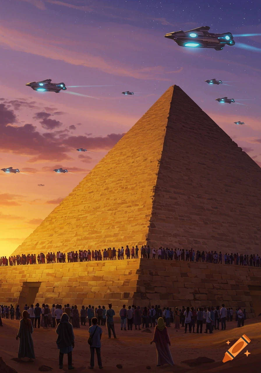A large crowd gathers on an ancient pyramid at sunset, with futuristic spaceships flying in the purple and orange sky.