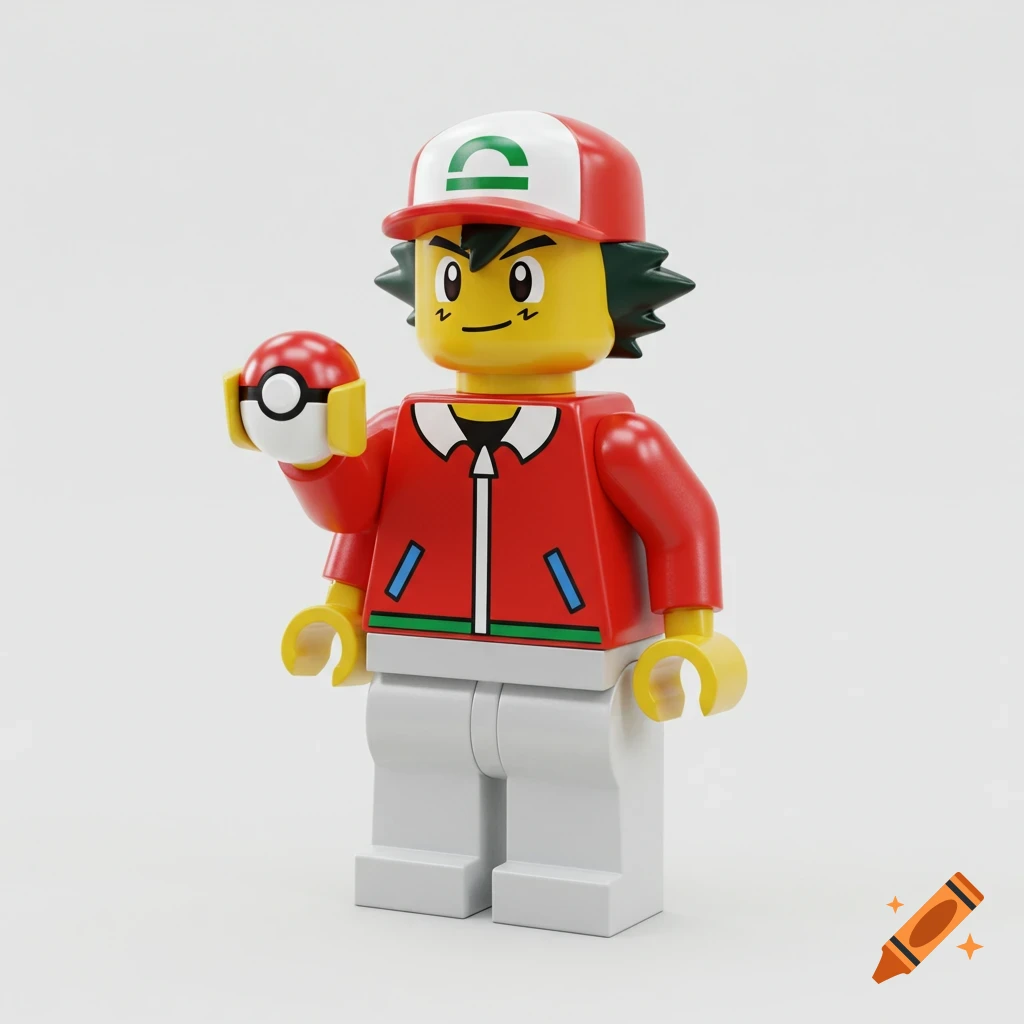 A LEGO minifigure of Ash Ketchum wearing a red cap and jacket, holding a red and white Poké Ball.