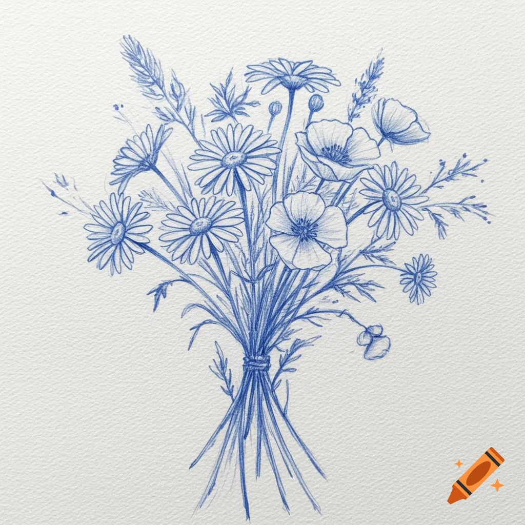 A blue pencil sketch of a bouquet of wildflowers, including daisies and poppies, tied together on a textured white background.