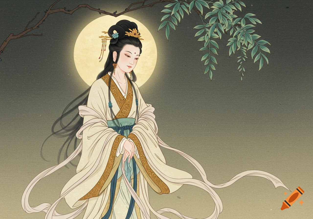An illustration of the Chinese moon goddess Chang'e in traditional flowing robes, standing before a bright full moon with branches overhead, in a Ming dynasty painting style.