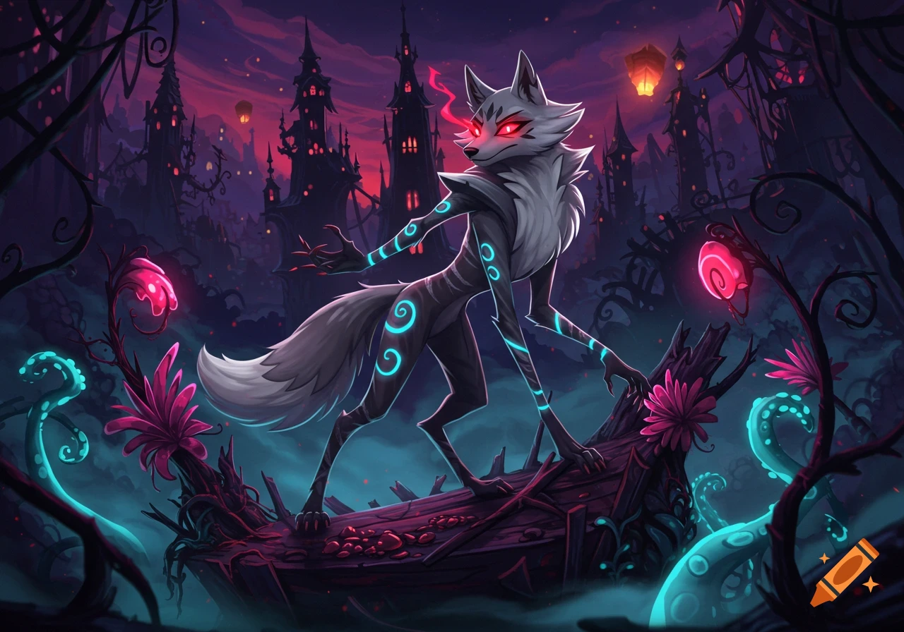 A stylized grey wolf with glowing red eyes and blue markings stands on a broken boat in a dark fantasy landscape with gothic castles and glowing plants.
