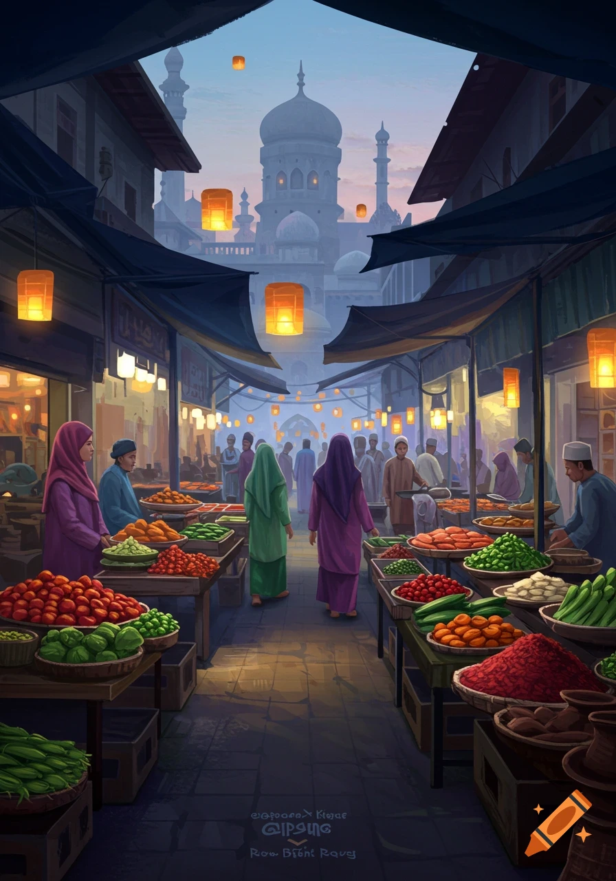 A vibrant, stylized illustration of a bustling evening market with people, stalls of fresh produce, and glowing lanterns. A mosque is in the background.
