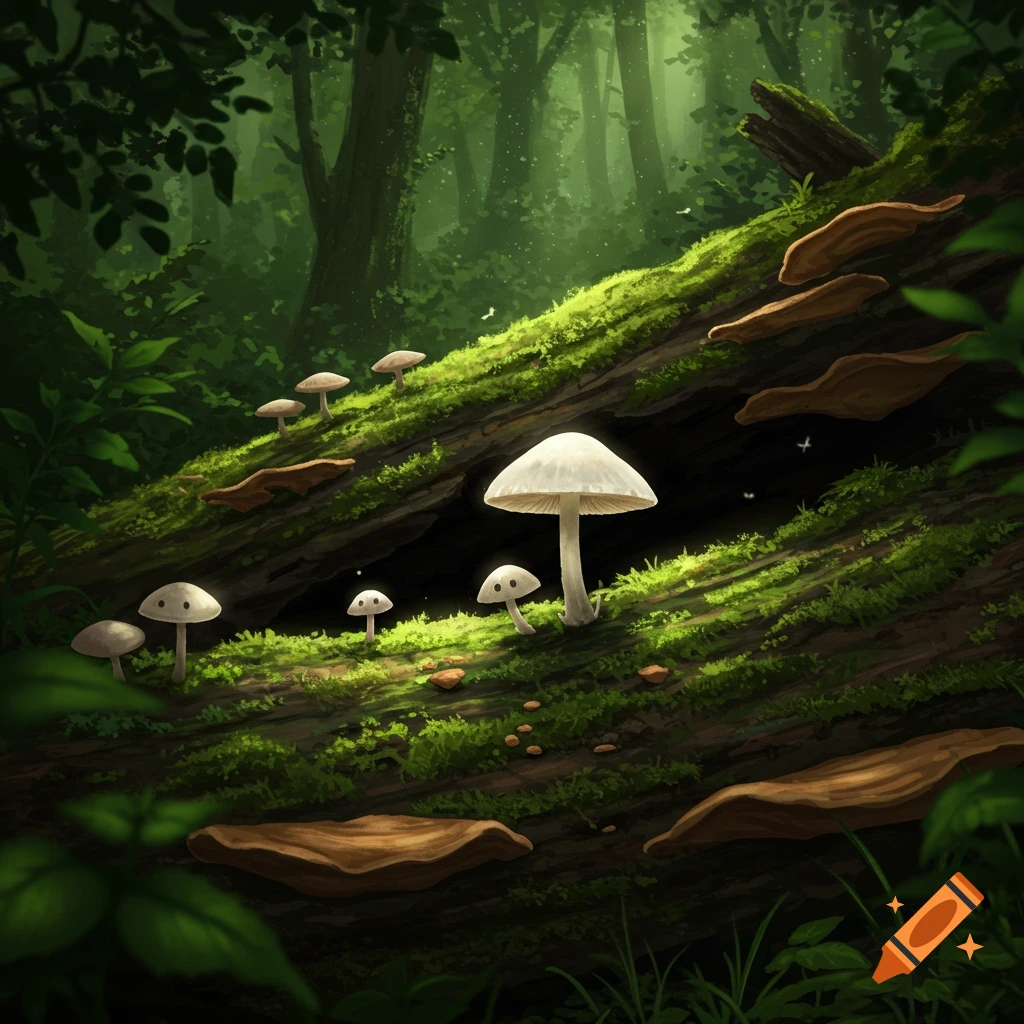 A detailed, mossy forest floor with white mushrooms growing on a fallen log, bathed in dappled light.