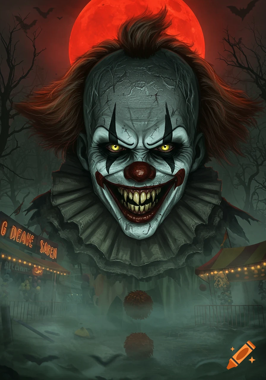 A terrifying horror clown with glowing yellow eyes and sharp teeth looms over a misty, eerie carnival scene under a blood-red moon. Stylized illustration.