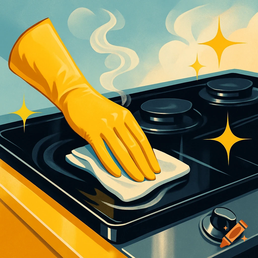 A stylized illustration shows a yellow-gloved hand cleaning a black gas stove with a white cloth, with sparkling clean effects.