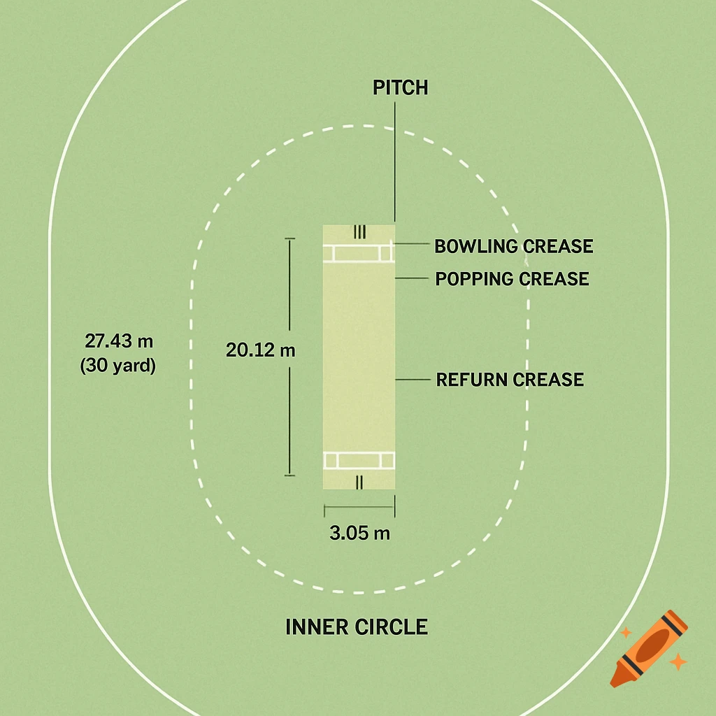 Educational diagram of a cricket ground from above, showing pitch, creases, inner circle, and measurements.