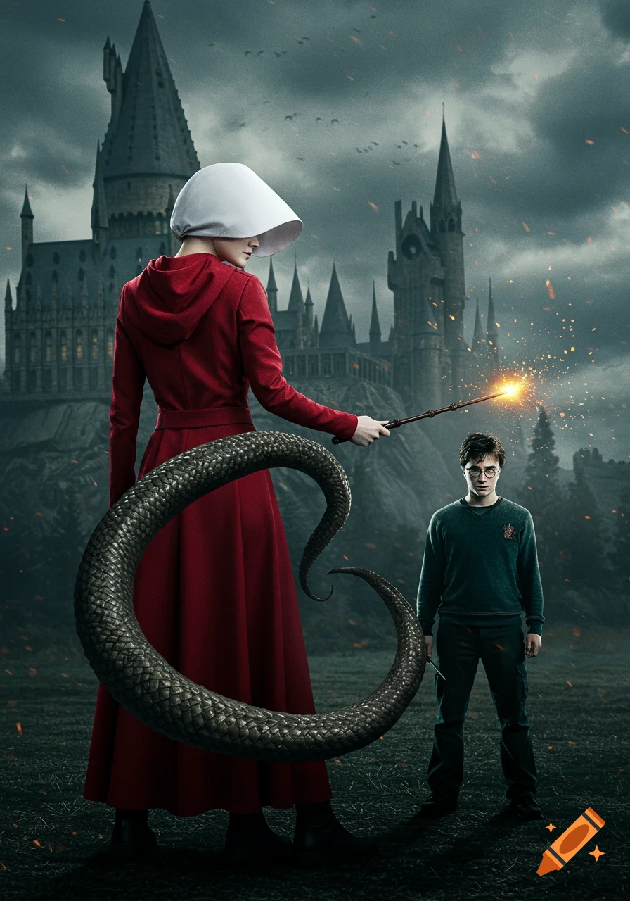 A Handmaid in red cloak and white bonnet with a forked snake tail stands holding a magic wand pointed at Harry Potter. Hogwarts Castle is in the background.