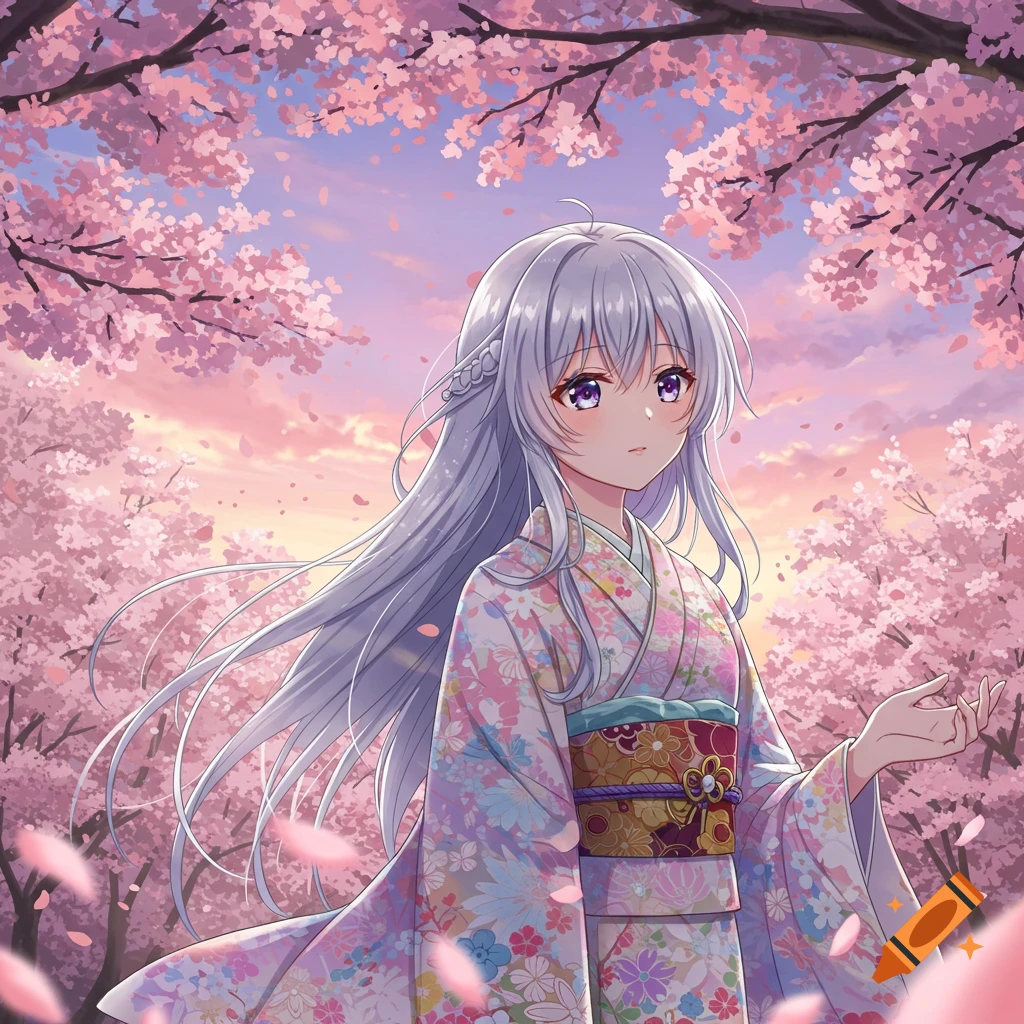 An anime girl with long silver hair and purple eyes wears a floral kimono amidst falling pink cherry blossoms under a twilight sky.