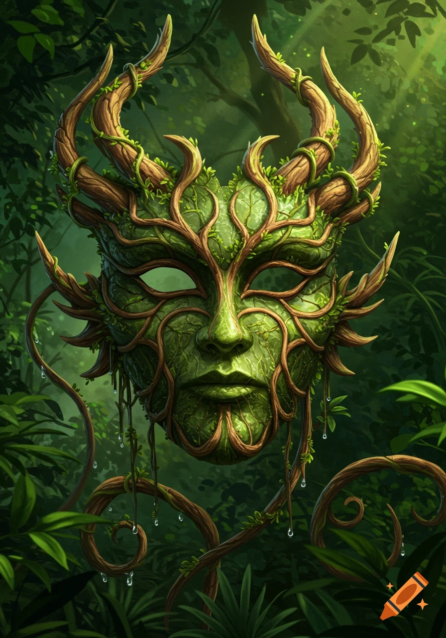 Ornate green mask made of leaves, vines, and branches with water droplets, set in a lush forest.