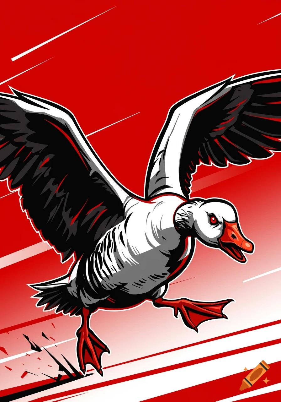 Stylized vector art of an angry white goose with red eyes and black wings, taking off against a dynamic red background.