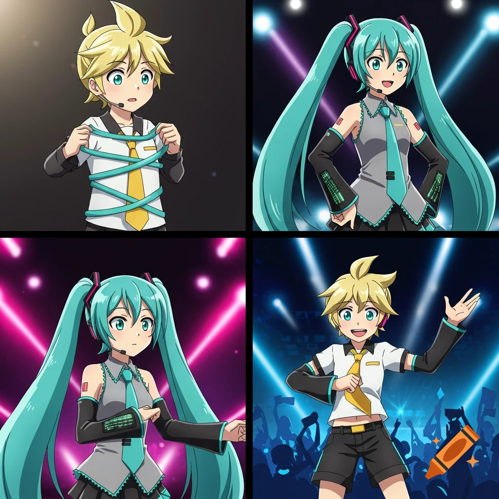 A four-panel anime comic of Kagamine Len tangled in a ribbon, and Hatsune Miku and Kagamine Len performing on stage.