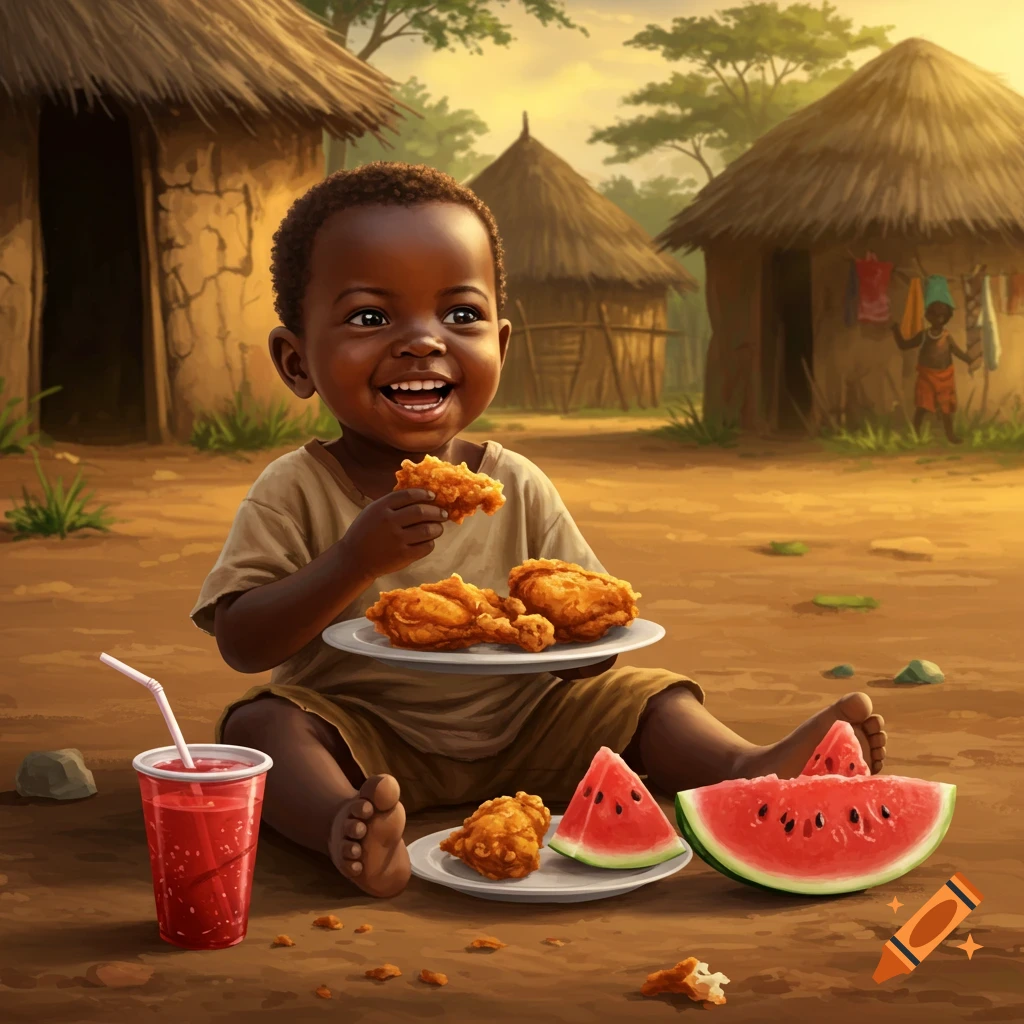 A happy young child sits on the ground in an African village, eating fried chicken and watermelon, with a red drink. Stylized.