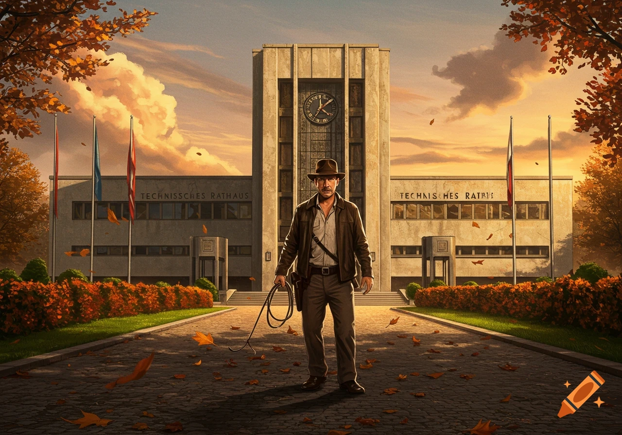 Indiana Jones stands holding his whip on a cobblestone path in front of a grand art deco building with autumn leaves falling.