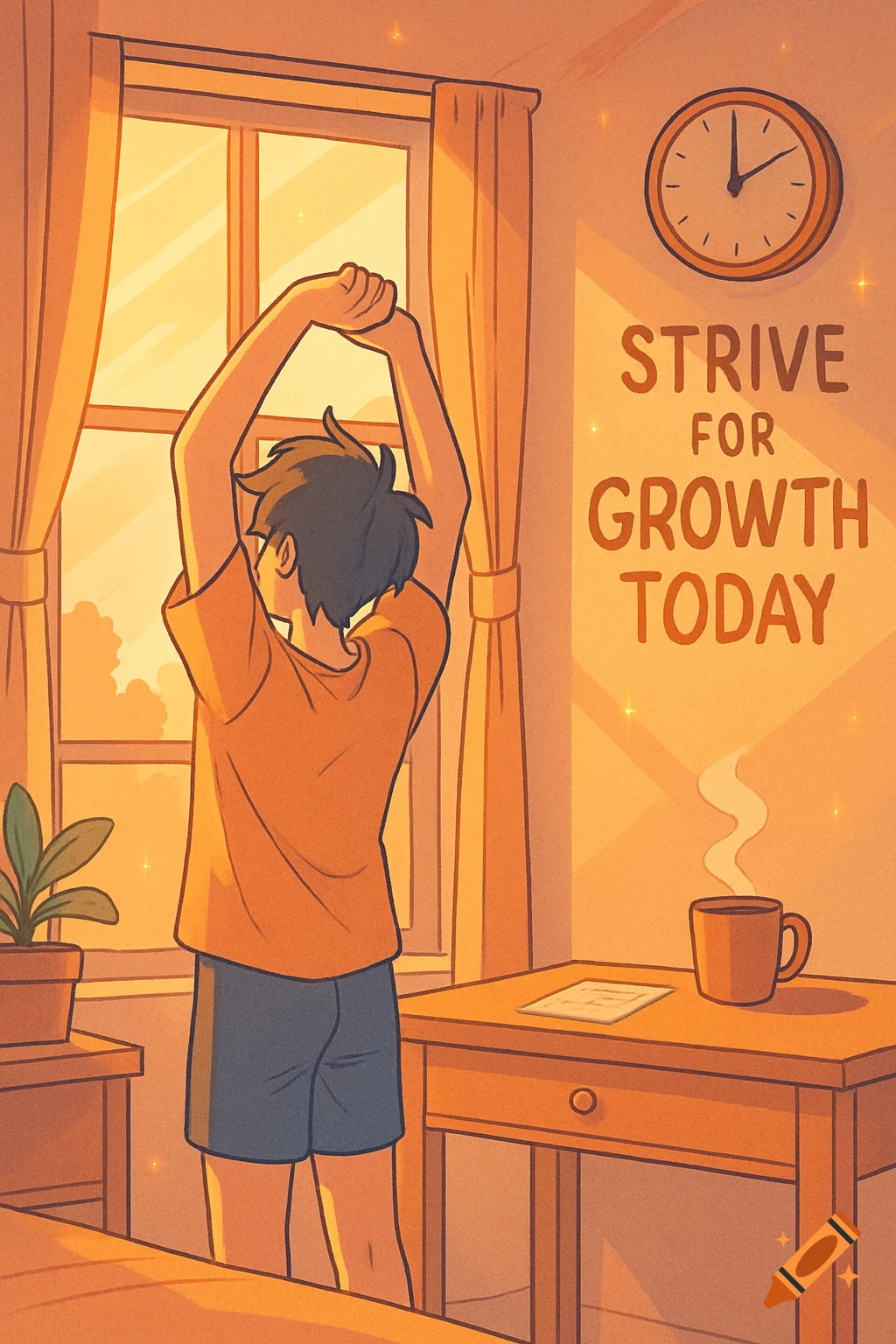 Cartoon illustration of a person stretching in a sunny room, with a motivational quote on the wall.