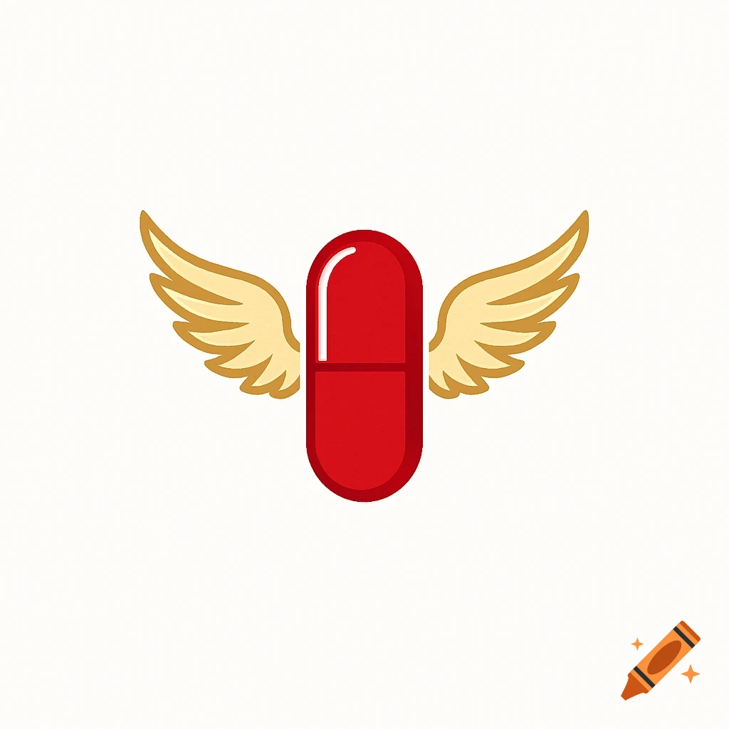 A simple logo of a red pill with golden angel wings on a white background.