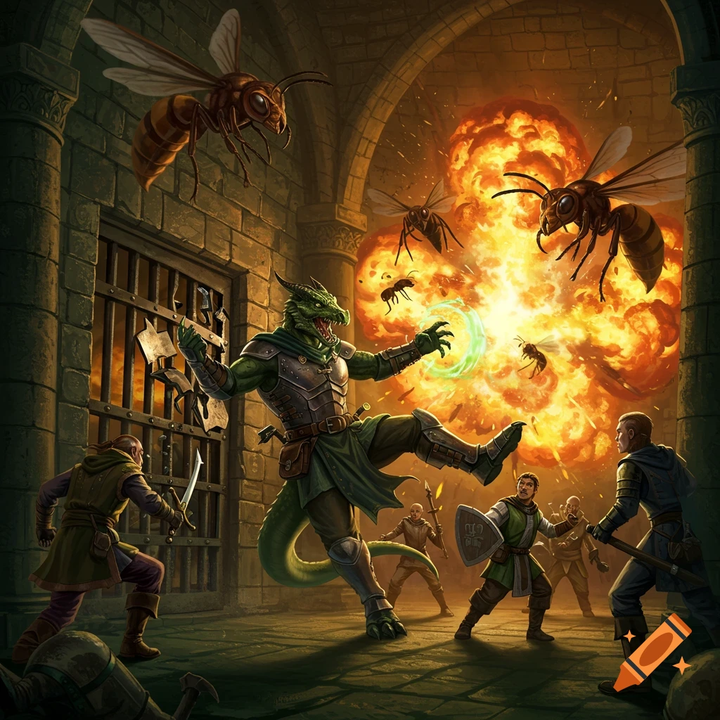 A green dragonborn kicks open a cell door in a dark dungeon, with an explosion behind him and giant wasps flying. Other adventurers are also visible.