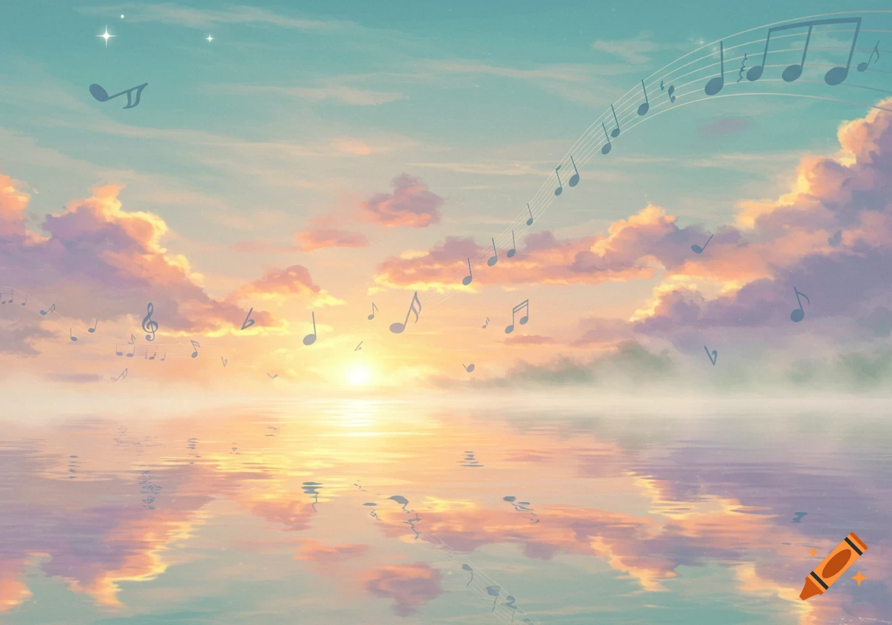Pastel sunset sky with clouds and floating musical notes reflected on calm water.
