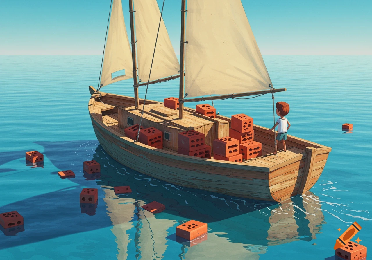 An illustration of a boy on a sailboat filled with bricks, some floating in the turquoise ocean under a clear sky.