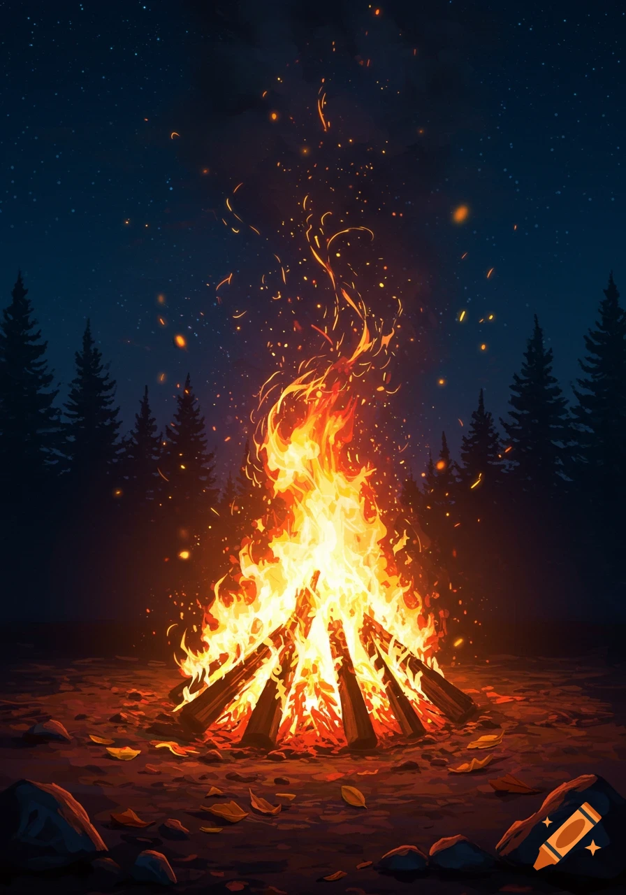 A vibrant campfire blazes brightly in a dark forest at night, with sparks flying up towards a starry sky and silhouetted pine trees in the background.