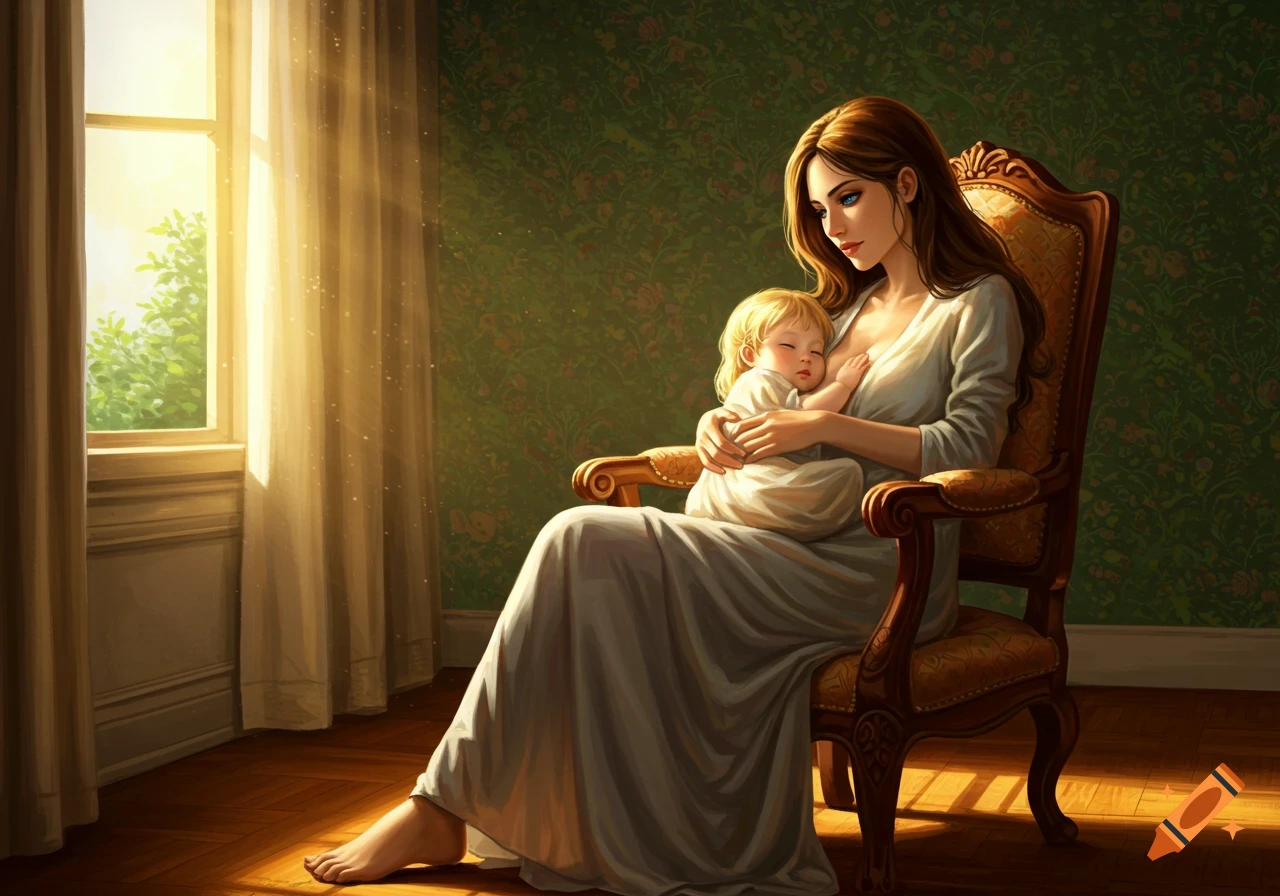 A younger woman with brown hair and blue eyes sits in a wooden chair, nursing her blonde daughter in a sunlit room with green patterned wallpaper.