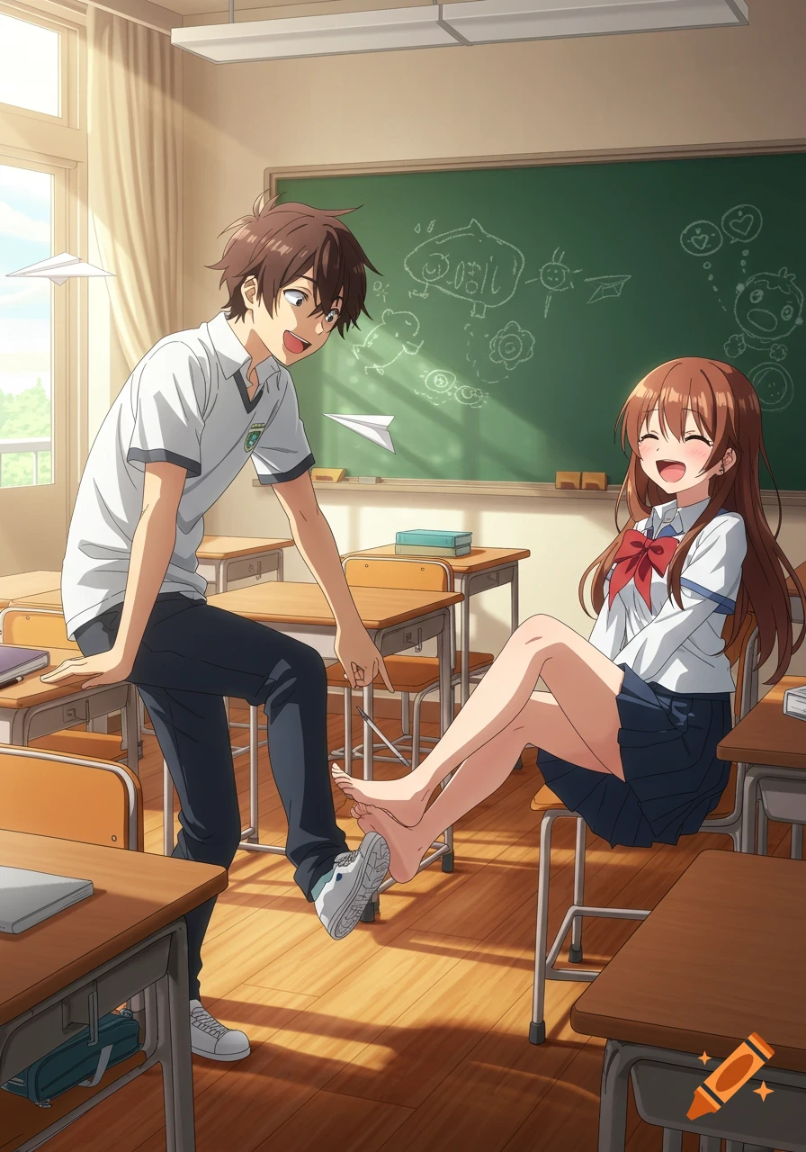 Anime style image of a boy playfully tickling a laughing girl's bare foot in a high school classroom.